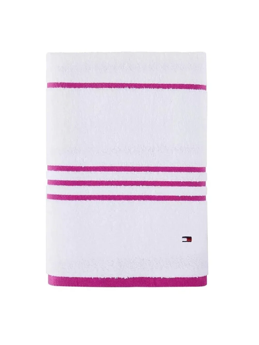 2 Tommy Hilfiger American 90% Cotton BATH Towels WHITE w/ RASPBERRY ROSE STRIPE